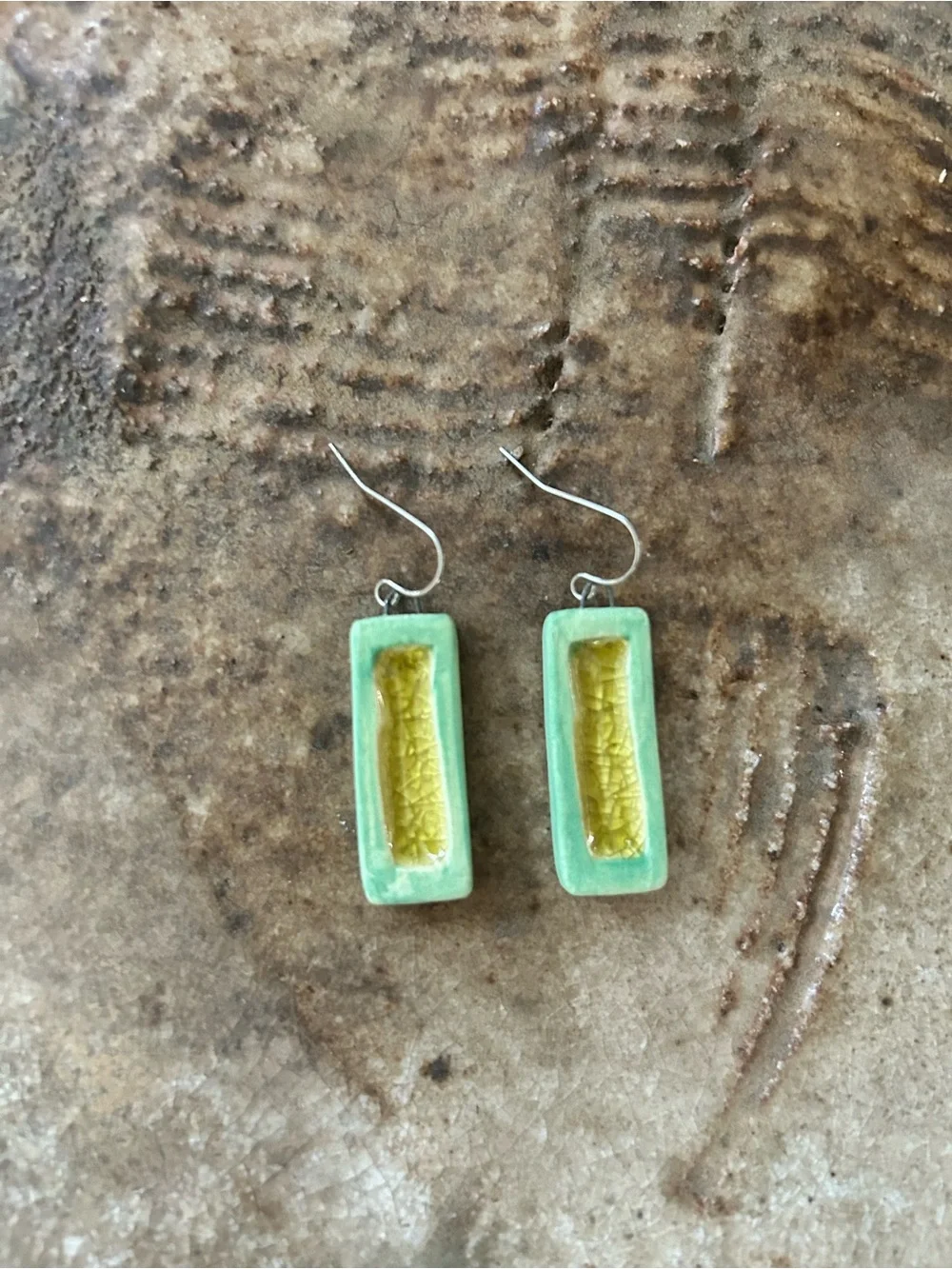 Handmade Mint Green and Yellow Rectangular Drop Earrings